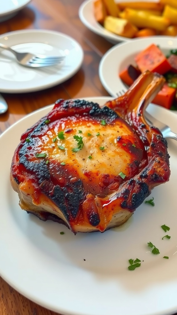 Crispy bone-in pork chop served with fresh herbs and roasted vegetables on a wooden table.